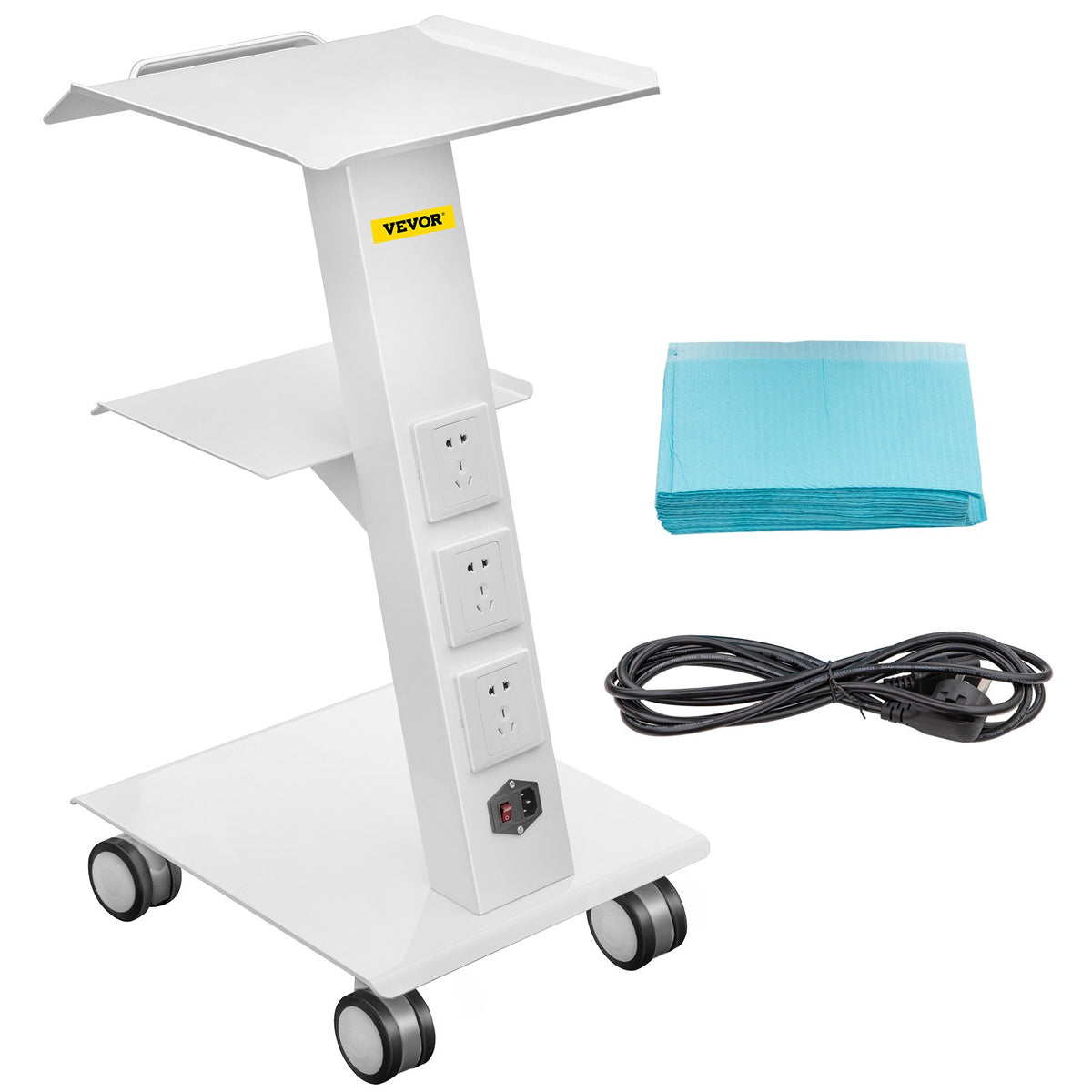 VEVOR® Lab Trolley, Built-in Socket Rolling Lab Cart, 3 Layers Tray Rolling Clinic Cart